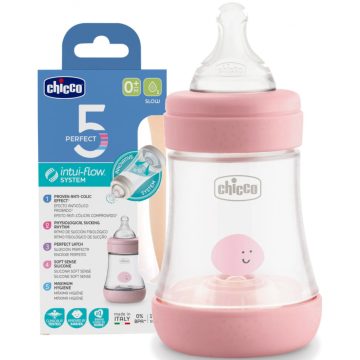   Chicco Perfect5 biofunkcionális cumisüveg 150 ml lassú folyású 0h + rózsaszín