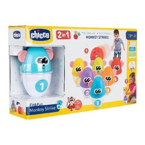 Chicco Monkey Strike - majmos bowling és építőjáték 18hó+