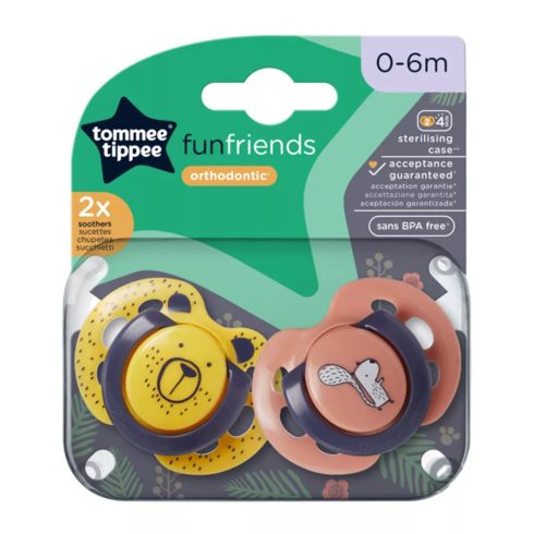Tommee Tippee Fun Friends játszócumi 0-6 hó 2 db - barna/sárga
