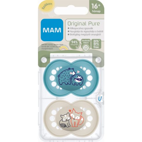 MAM Original Pure 16+ hó nyugtató cumi 2 db-os - kék medve/bézs róka