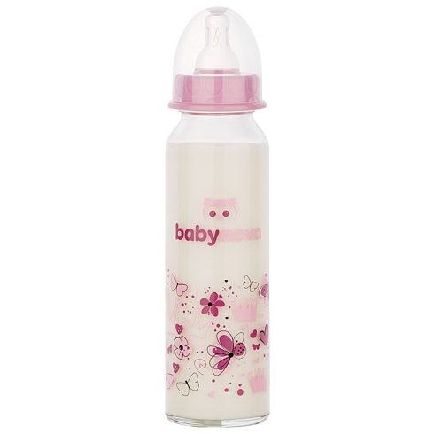 Baby-Nova üveg cumisüveg 240 ml 0-24hó szilikon cumival M-es - rózsaszín