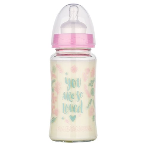 Baby-Nova üveg cumisüveg széles nyakú 230 ml 0-24hó szilikon cumival M-es - rózsaszín