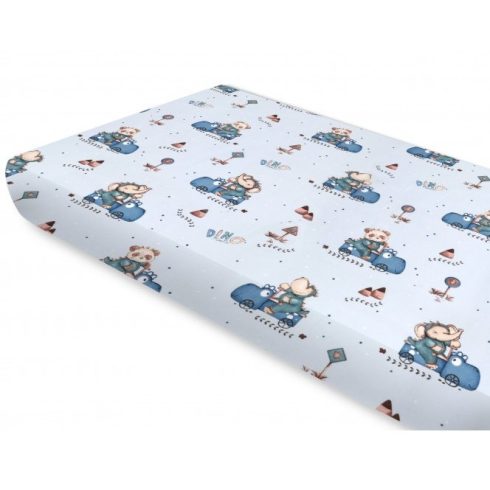 Baby Shop pamut,gumis lepedő 60*120 cm - Kék Dinó Autó