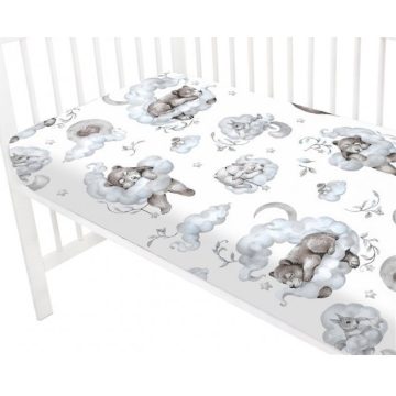   Baby Shop pamut,gumis lepedő 70*140 cm  - felhőn alvó állatok kék